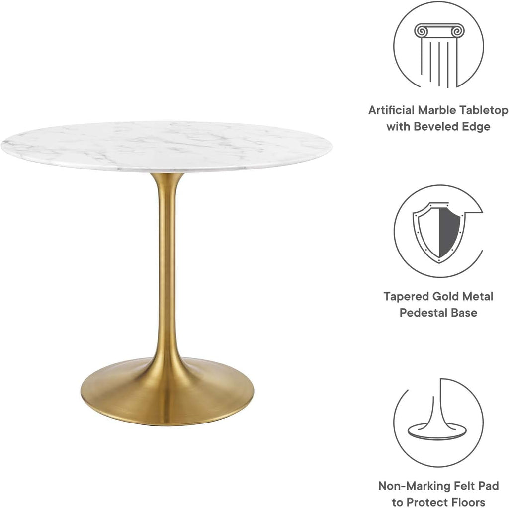Lippa 36" Mid-Century Dining Table with Round Artificial Marble Top in Gold White