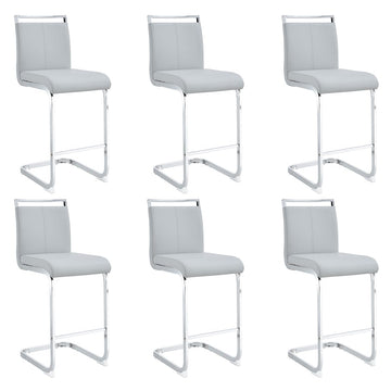 Bar Stools Set of 6, 25" Counter Height, Light Grey Faux Leather, Chrome Plated Metal Leg