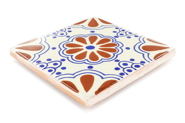 Box of 9-41⁄4 x 41⁄4 Terra Cotta & Blue Lace - Talavera Mexican Ceramic Tiles