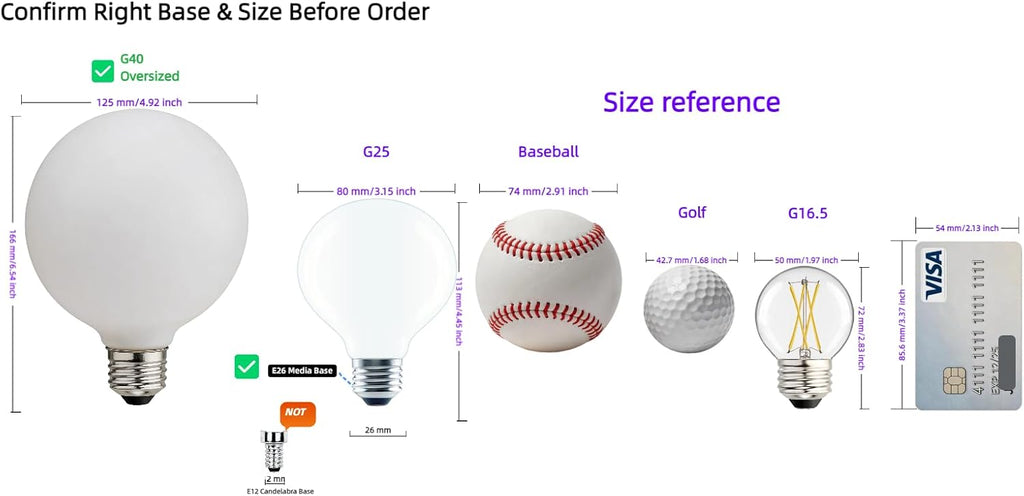 Oversized G40 Large Globe Light Bulb 60 Watt Equivalent, Dimmable E26 Base, Warm White, Porcelain Coated Edison Bulb
