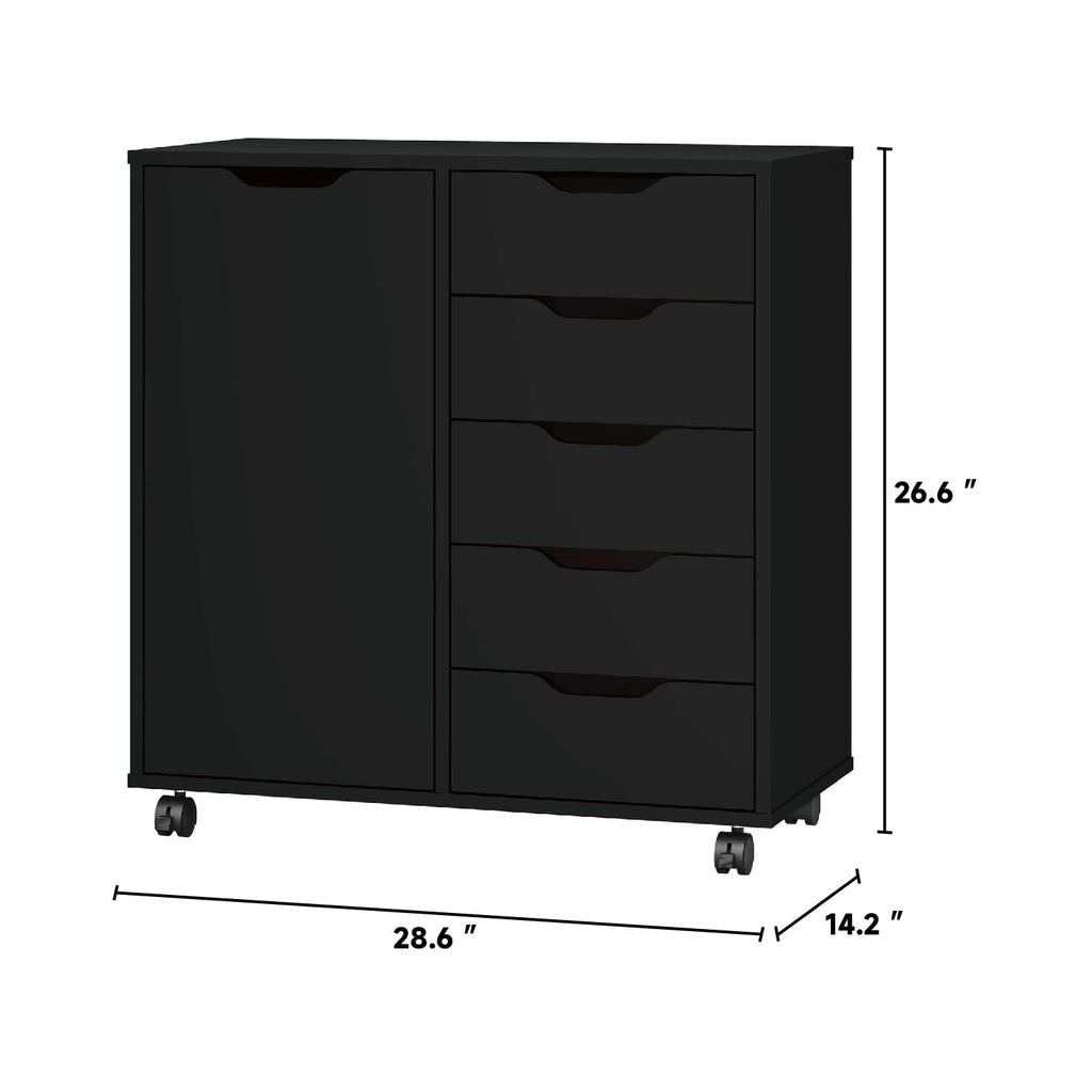 5-Drawer Chest with 1 Door, Wooden Chest of Drawers Storage Dresser Cabinet with Wheels, Office Organization and