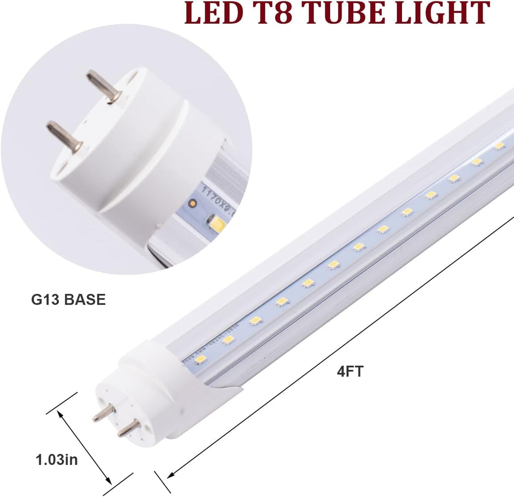 T8 LED Tube G13 Base, 4FT 24W 6000K Daylight White, Clear Cover, Flicker-Free LED Fluorescent Light Replacement