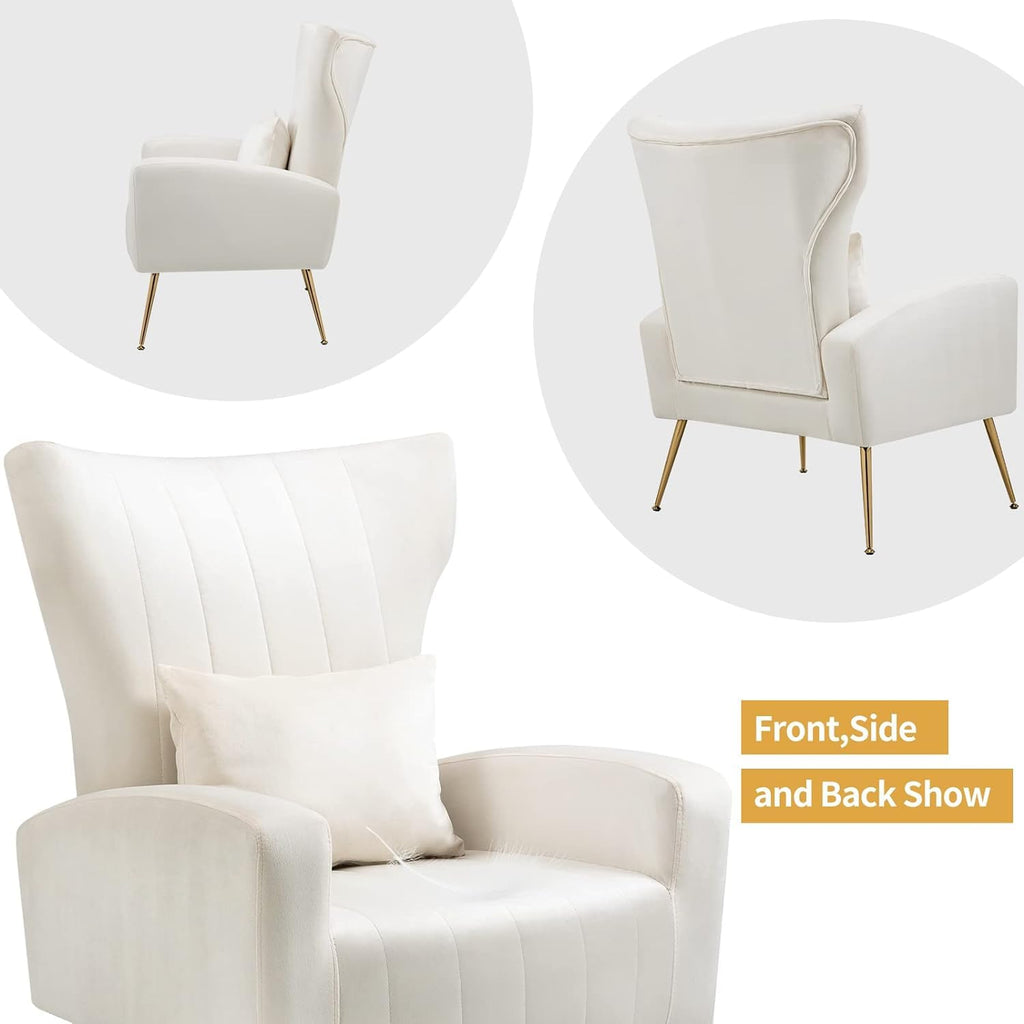 Velvet Accent Chair Bedroom, Modern Arm Chair with Wingback & Gold Metal Legs, Lumbar Pillow Included, White