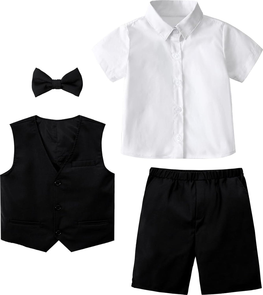 Boys Short Suit Formal Outfit 4pcs Vest, Shirt, Bow Tie