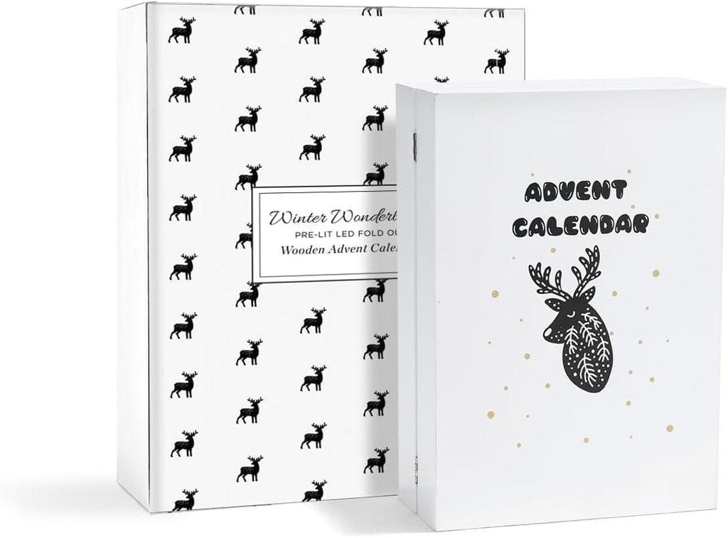 Wooden Advent Calendar with Drawers & Lights, 12 Inch White