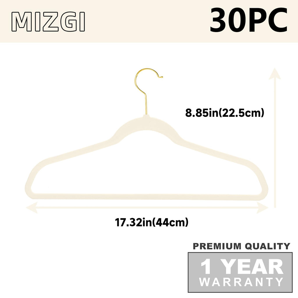 Ivory Velvet Hangers 30 Pack, Premium Gold Clothes Hangers Non-Slip Felt Hanger, Sturdy Ivory Hangers Heavy Duty