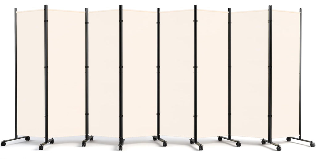 Room Divider Privacy Screens, 8 Panels Dividers with Wheels, Beige