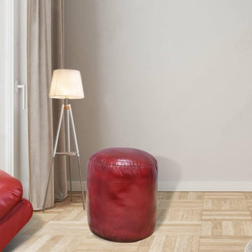 Round Shaped Goat Leather Eco-Friendly Dark Pink Pouf - Round Pouf, 14" x 14"x 14", Plain Solid Pouf, Goat Leather