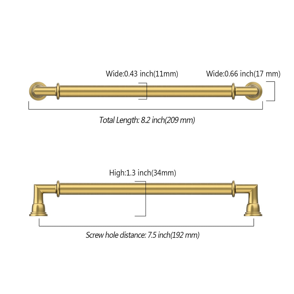 2 Pack 7.5 Inch(192mm) Vibrant Brushed Moderne Brass Cabinet Pulls Heavy-Duty Solid Kitchen Cabinet Handles Drawer