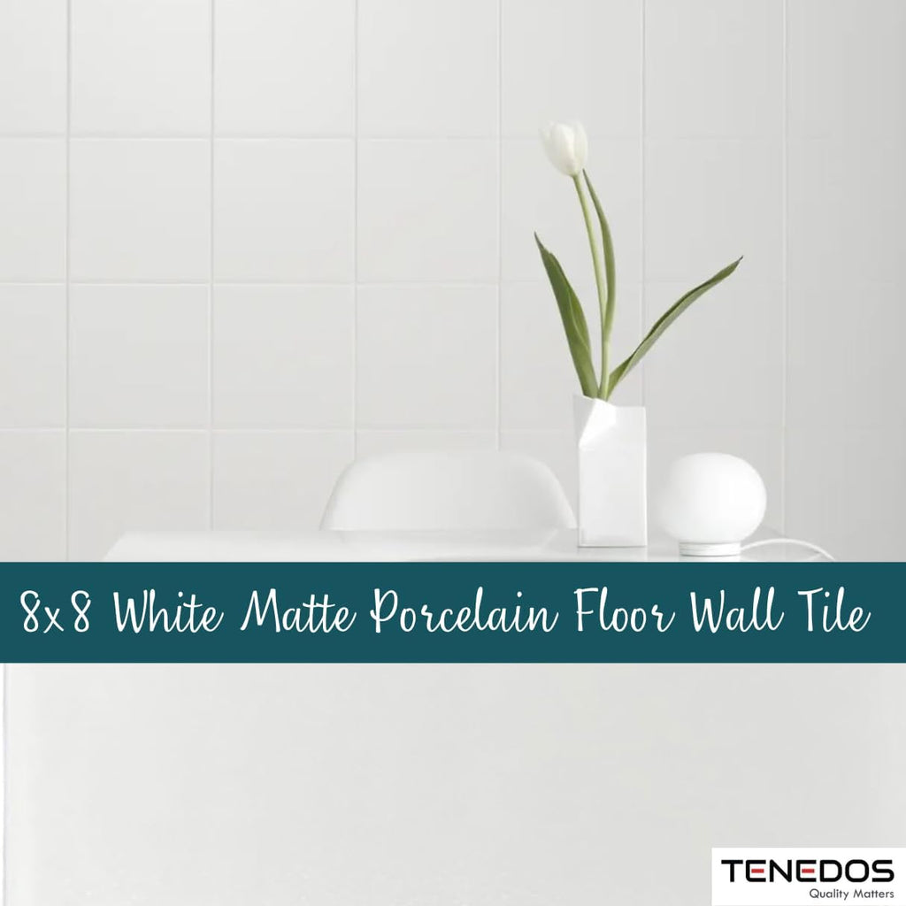 White 8x8 Subway Square Porcelain Floor Wall Tile Matte Finish (Box of 12.7 Sqft - 30 Pieces) for Backsplash Kitchen