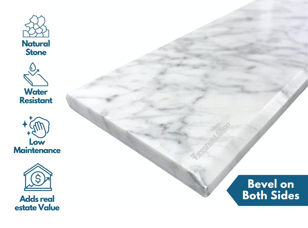 Italian White Carrara Polished Marble Threshold Double Bevel for Floor Transitions (5" x 30")