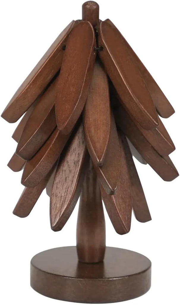 Artisanal Wooden Coasters Trivets Set - Foldable Wooden Tree Trivet with 4 Coasters & Stand - Heat Resistant Hot - Set of 4