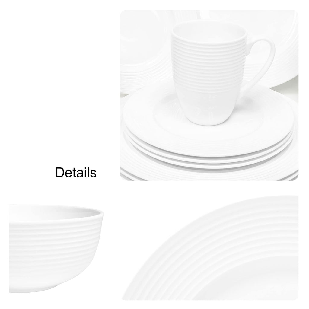 Bone China 16 Piece Dinnerware Dish Set, Service for 4, White Embossed Circle, Microwave Safe, Translucent, Elegant
