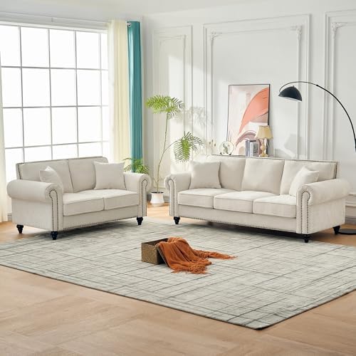 Chesterfield Sofa Set with Rolled Arms - Beige Chenille 3-Seater Sofa and Loveseat with Nailhead Trim and Wood Legs