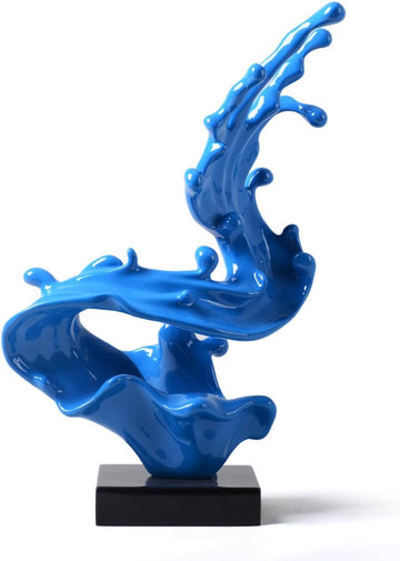 Modern Sculpture Abstract Sea Wave Figurine Home Art Decor 16.1Inch | Blue Resin Handmade Statue with Black Base