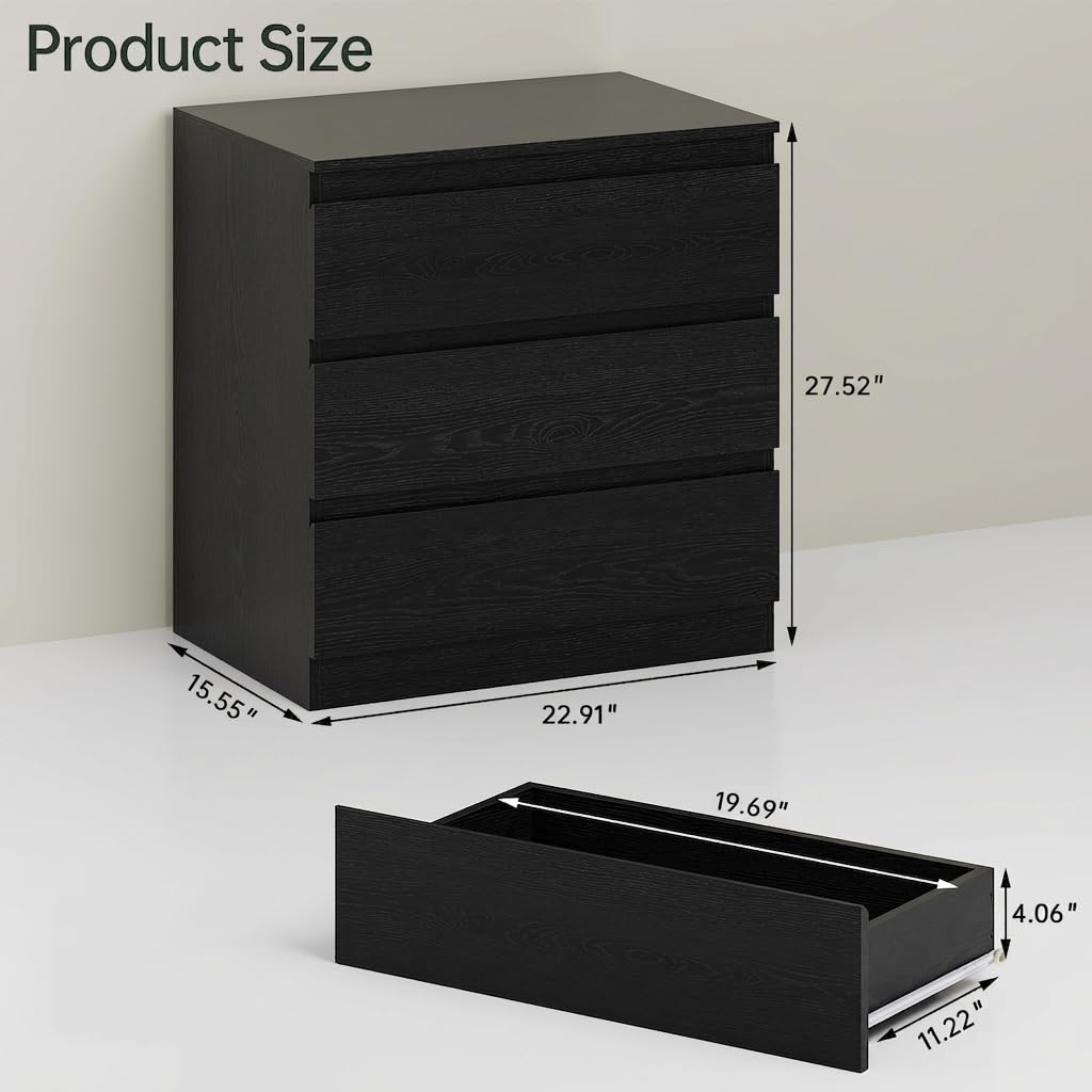 Black 3 Drawer Dresser Wood Clothes Storage