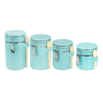 Canister Sets For The Kitchen (4 Piece) Turquoise, High Gloss Ceramic | By | Decorative Set | With Wooden Spoons
