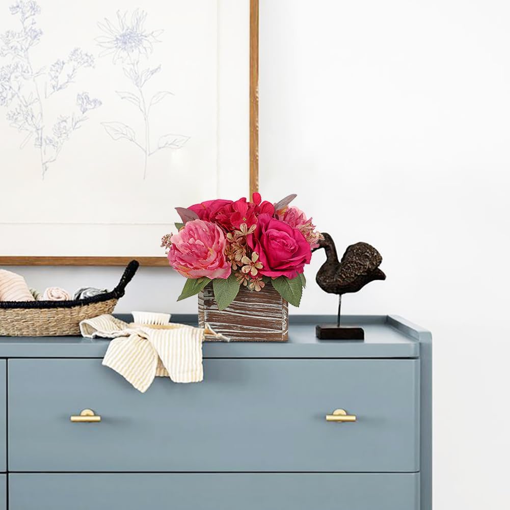 Flower Arrangement with Wooden Vase 8" Artificial Flowers in Pot - Fake Flowers Roses Peonies Hydrangeas in Wooden