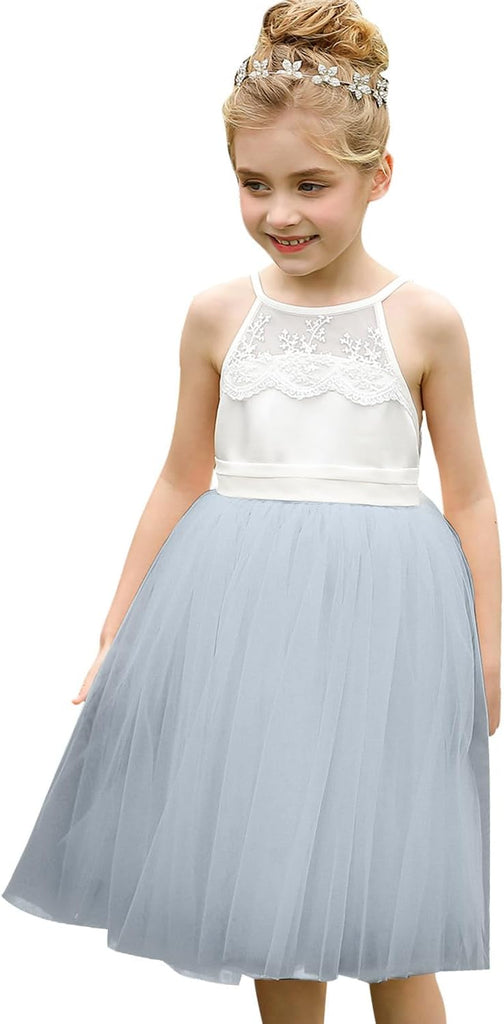Lace Back Flower Girl Dress Kids Summer Wedding Birthday Hoilday Tea Party Dress