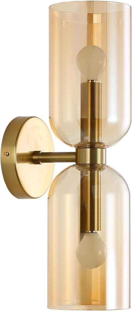 Minimalist 2-Light Gold Wall Sconces with Cylinder Glass Shades- Mid Century Vanity Wall Double Lights Hardwired