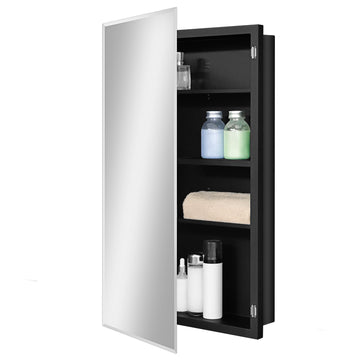 Black Metal Medicine Cabinet, 18 x 30 Beveled Mirror, Recessed Wall Storage