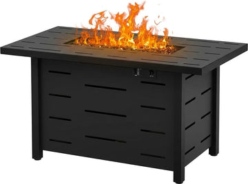 44 Inch Propane Fire Pit Table 50,000 BTU with Lid and Waterproof Cover for Outside Patio - Rectangular, Black