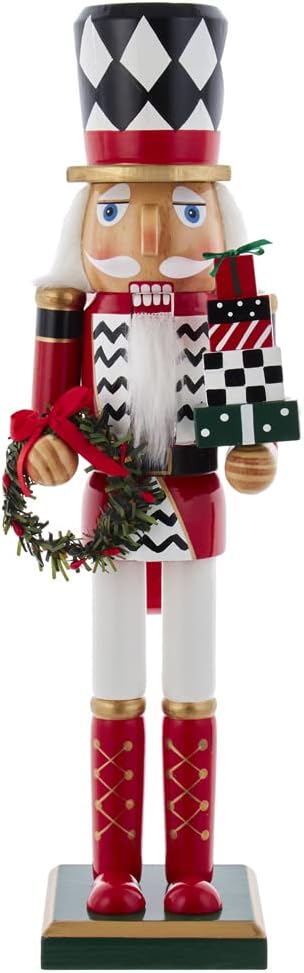 15-Inch Red, White and Black Nutcracker with Gift Box and Wreath
