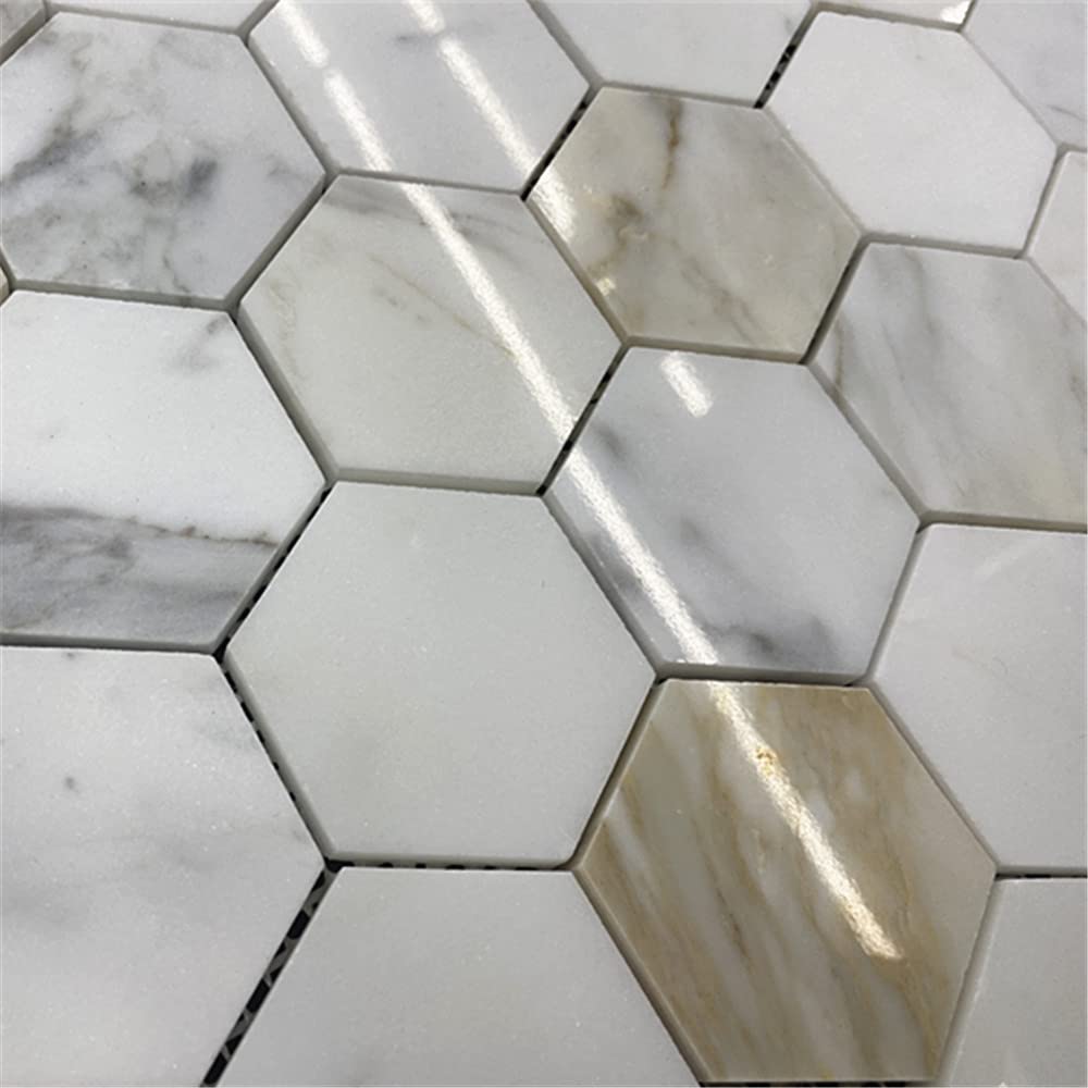 Calacatta Gold Marble 2 inch Hexagon Mosaic Tile Polished Kitchen Bath Wall Floor Backsplash Shower (1 Sheet)