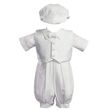 White Poly Cotton Christening Baptism Romper Set with Vest and Hat