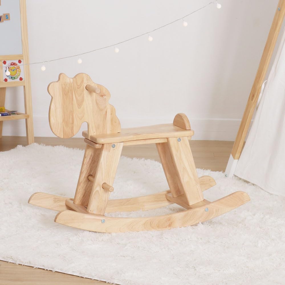 Natural Wooden Rocking Horse for Preschool (Ages 3-6) - Solid Rubber Wood, Safe & Comfortable Footrest, Supports