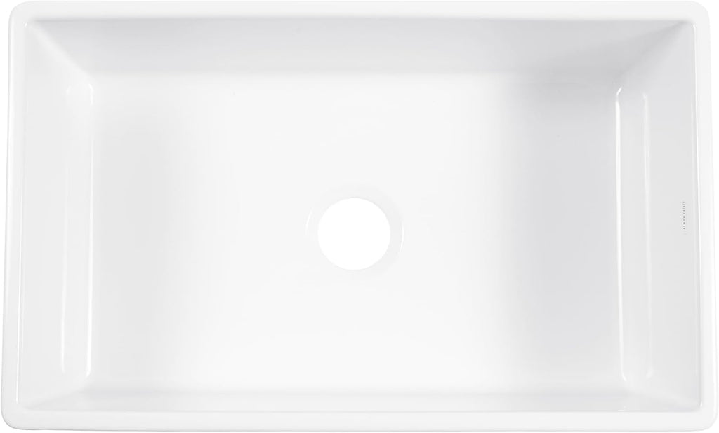 Austen 30 Inch White Fireclay Farmhouse Kitchen Sink, Single Bowl, Apron-Front, Undermount Installation, Fits 33 Inch