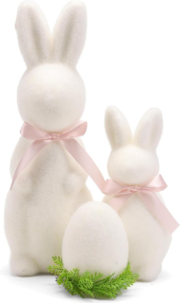 Easter Bunny Decor Set, 3 Pack Pastel Flocked Bow-Tied Bunny Set (13", 8", 4") Bunny Figurines for Spring Home Decor - Set of 3