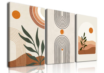 Boho Wall Art Set of 3, MidCentury Modern Wall Prints Framed Canvas Paintings Minimalist Abstract Geometric Beige