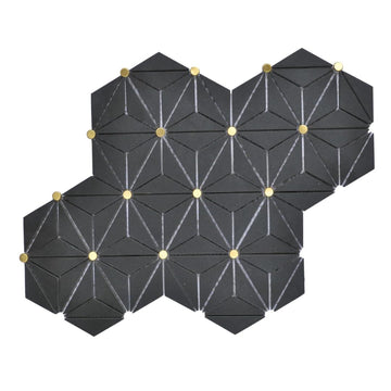 Black Geometric Marble Mosaic Tile with Brass Dots, 12x15 Inch, Honed Finish, Floor & Wall Use (1 Sheet)