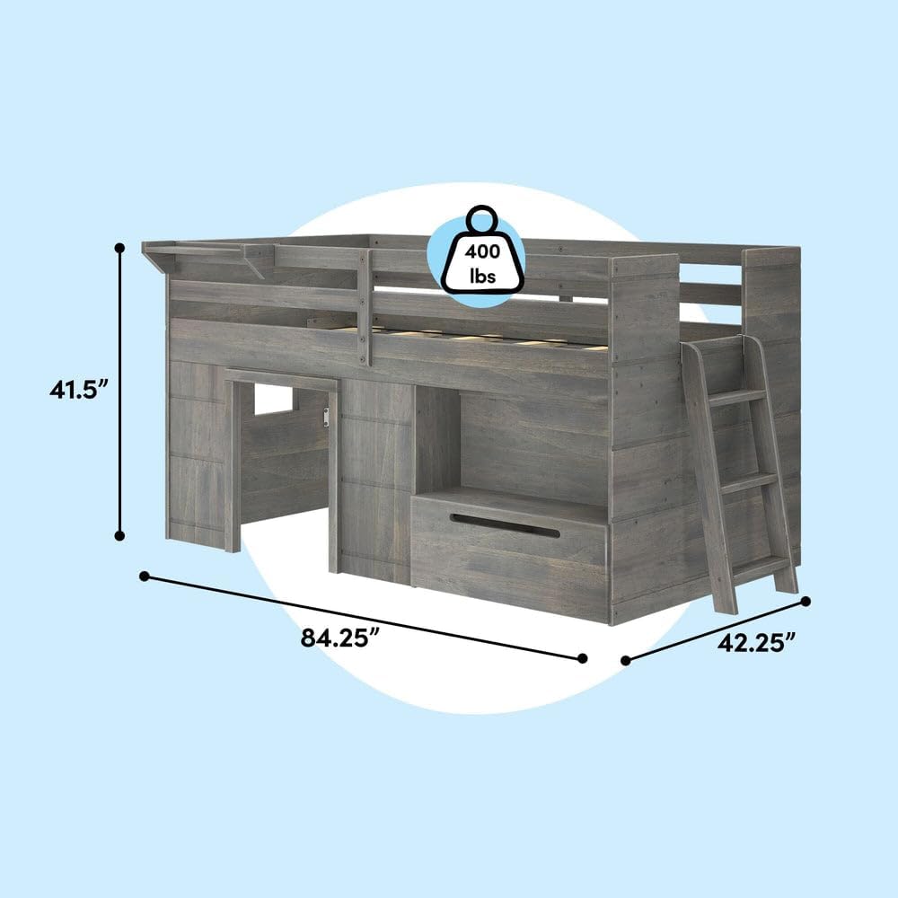 Loft Bed Twin, Solid Wood Low Loft Bed with Storage Drawer and Ladder, Modern Farmhouse Loft Bed for Kids, Driftwood