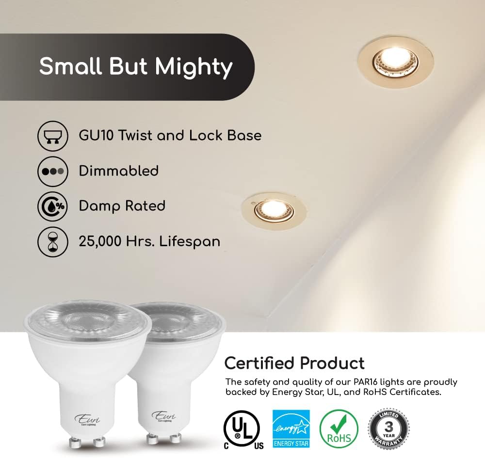 Dimmable LED PAR16, GU10 Base, 7W (50W Equal) 500lm, Warm White (2700K), 80CRI, 40° Angle, Damp