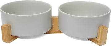 Dog Food Bowl Set, 13.5 oz Ceramic Bowls with Wood Stand, Grey