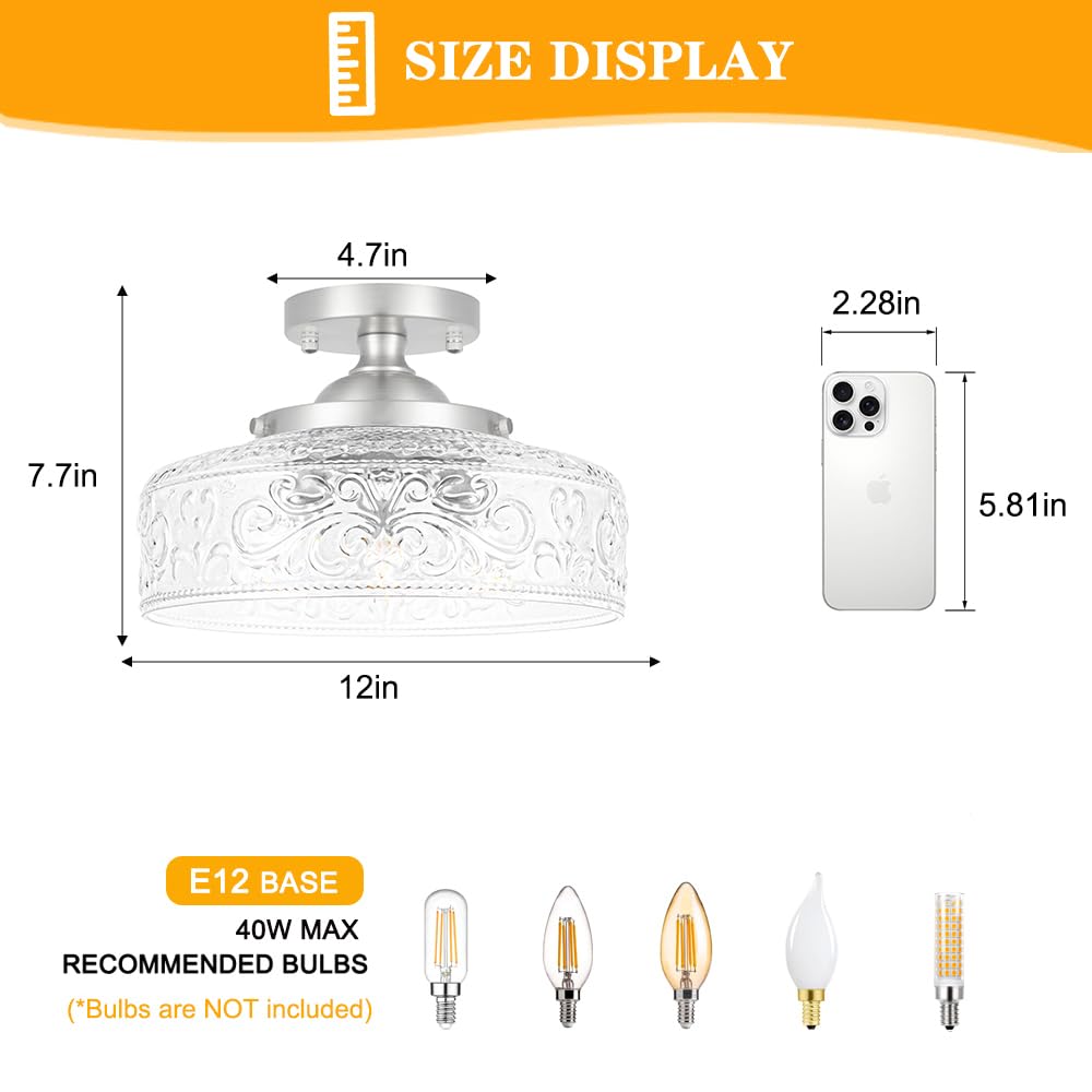 Brushed Nickel Semi Flush Mount Ceiling Light, 3-Light Close to Ceiling Light, Flush Mount Ceiling Lighting with