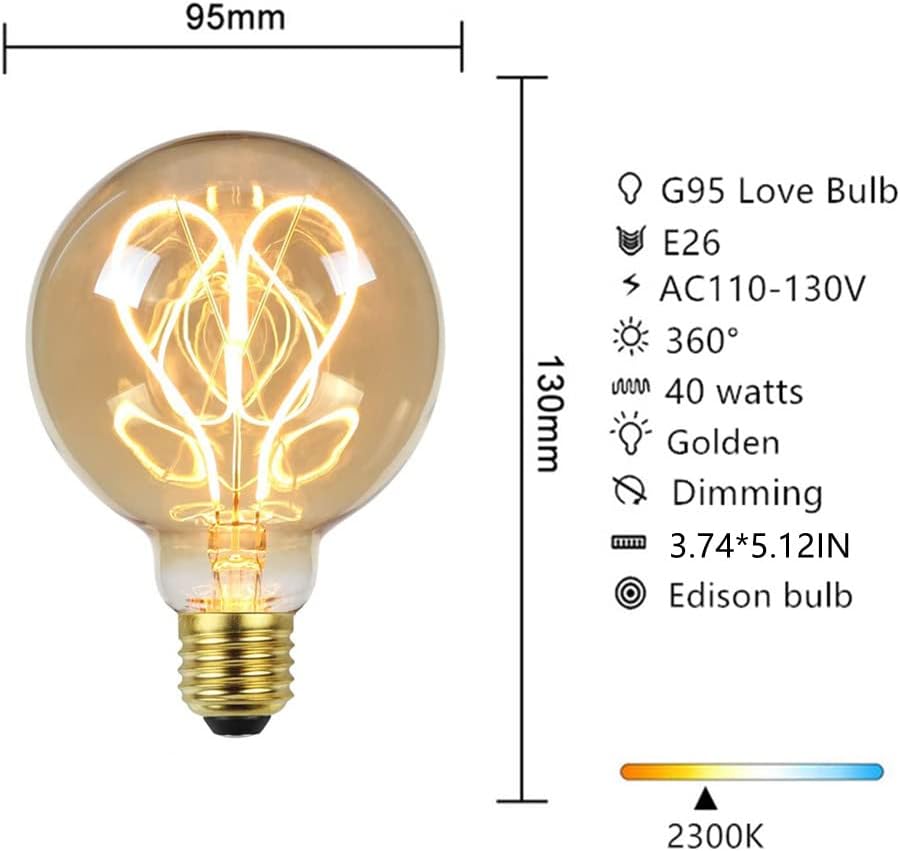 G95 Led Edison Bulb 4W Dimmable Heart Led Filament Vintage 110/130V E26 Decorative Light Bulb,2300K Warm Yellow Amber