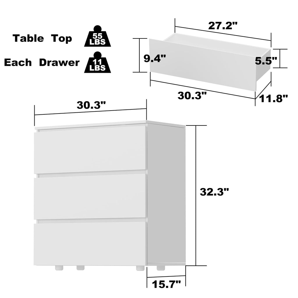 3 Drawer, Modern Chest of Drawers, Wooden Closet Storage Tower, White