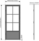 36 in. x 84 in. 6 Lite Frost Glass Black Steel Frame Prehung Interior Door with Door Handle