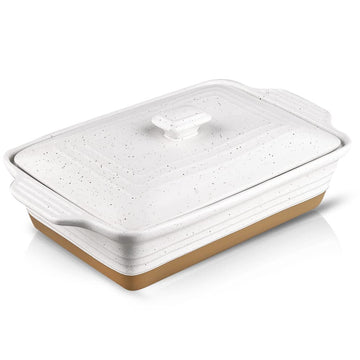 Ceramic Casserole Dish with Lid - Oven Safe, 9x13 Rectangular Baking Dish, 3.5 Quart, Farmhouse Style (White)