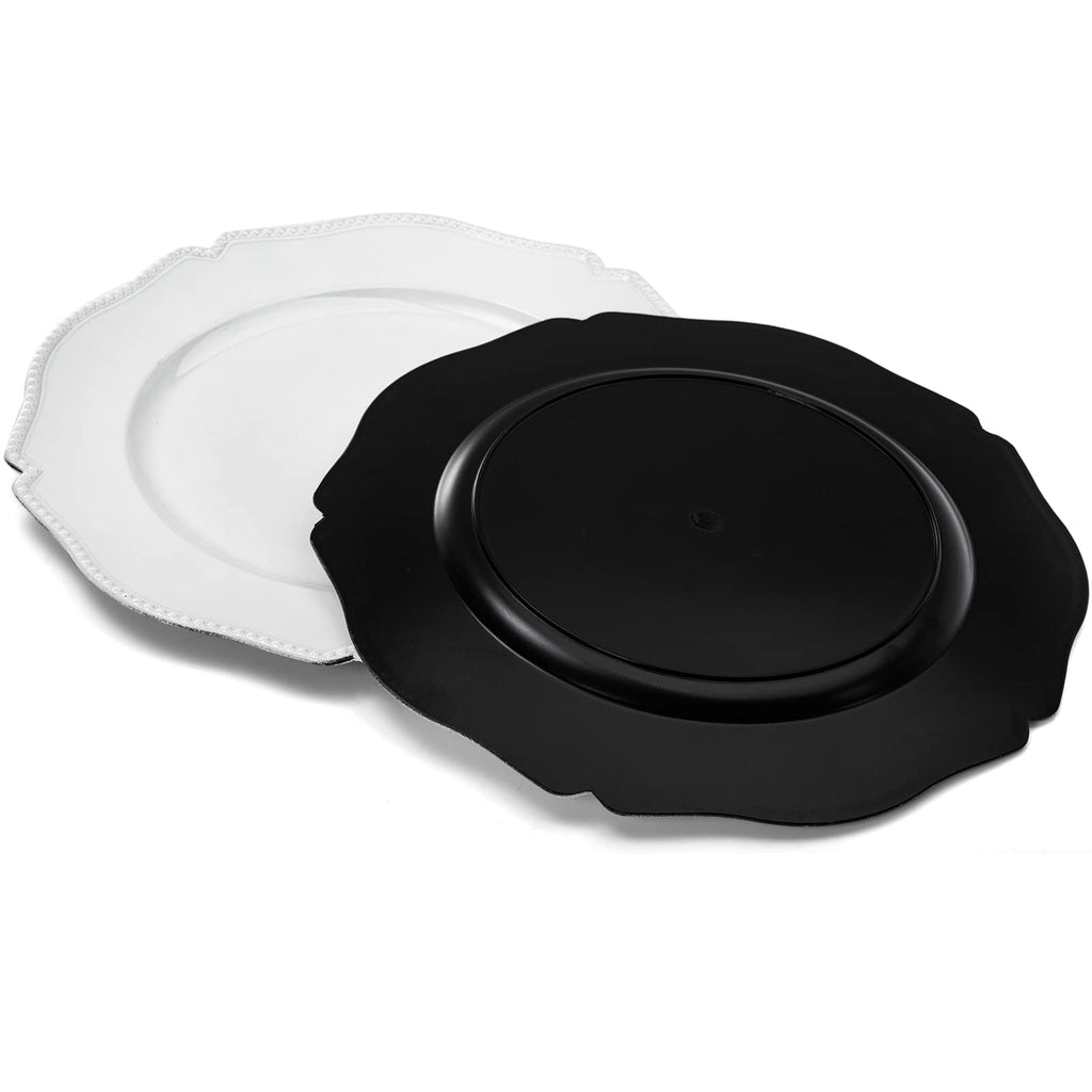 12 Pack White Charger Plates with Beaded Rim, 13 Inch Round Plastic Dinner Chargers, Scalloped Serving Plates for