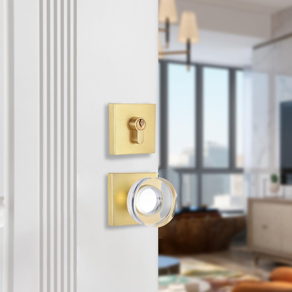 Single Cylinder Deadbolt and Crystal Glass Passage Door Knob Combo Set, Satin Brass Finish