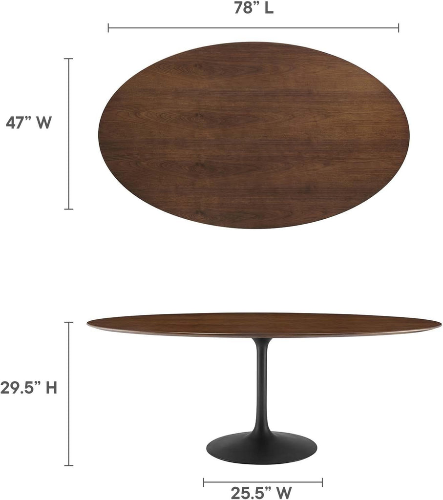 Inspired Tulip Style Oval Pedestal Dining Table — Black Base / Walnut Top, 78″ Oval
