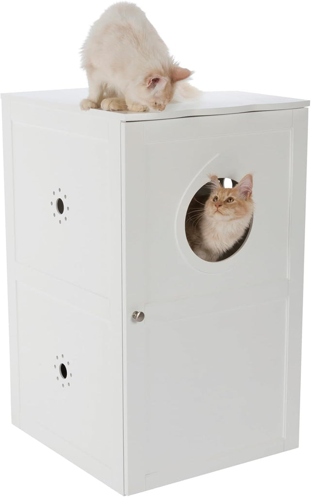 2 Story Furniture Litter Box Enclosure (White), Hidden Litter Box for Cats, Double Layer, Big Front Door for Easy