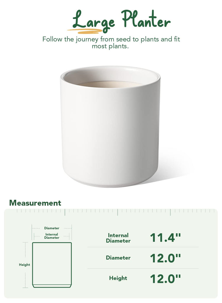 12 Inch Pot for Plants, Ceramic Indoor Planter, White