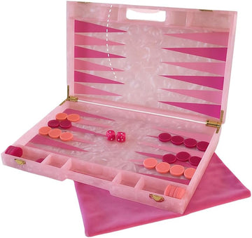 Luxury Backgammon Set, Board Game with Dust Bag, Marbled Pink with Gold Hardware, Acrylic Material, 14", Complete - Set of 30