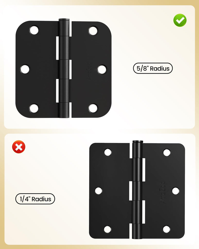 Black Door Hinges 6 Pack 3.5 Inch Rounded with 5/8" Radius Corners