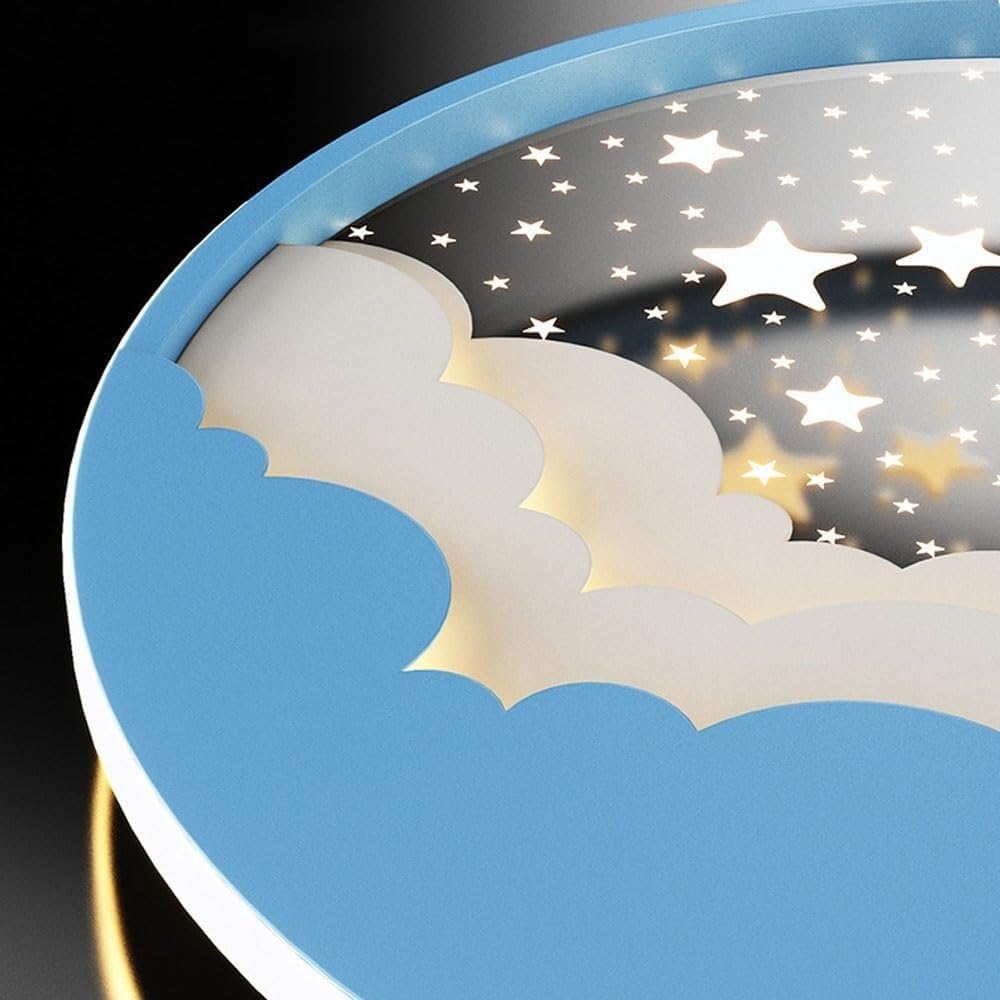 Modern Kids Room LED Ceiling Light Fixture, Dimmable 3 Color Changing Moon Star Clouds Design, Flush Mount Round Pink